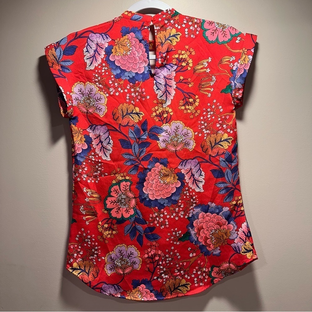 Express Red Oriental Blossoms Choker Cap-sleeve Silky Blouse XXS TTP Light - Picture 9 of 16